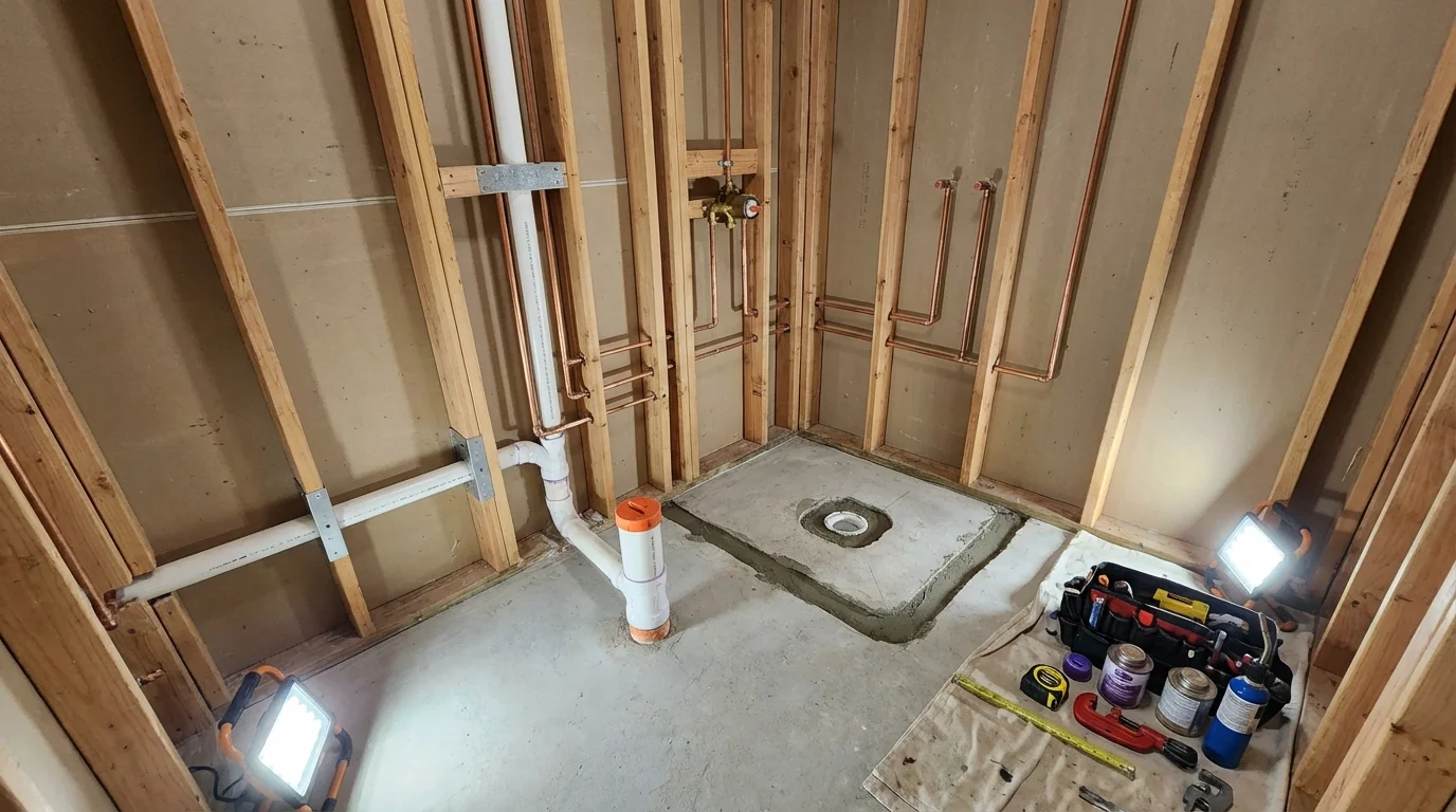 Bathroom rough-in plumbing during remodel by Johns Plumbing LLC in Novi