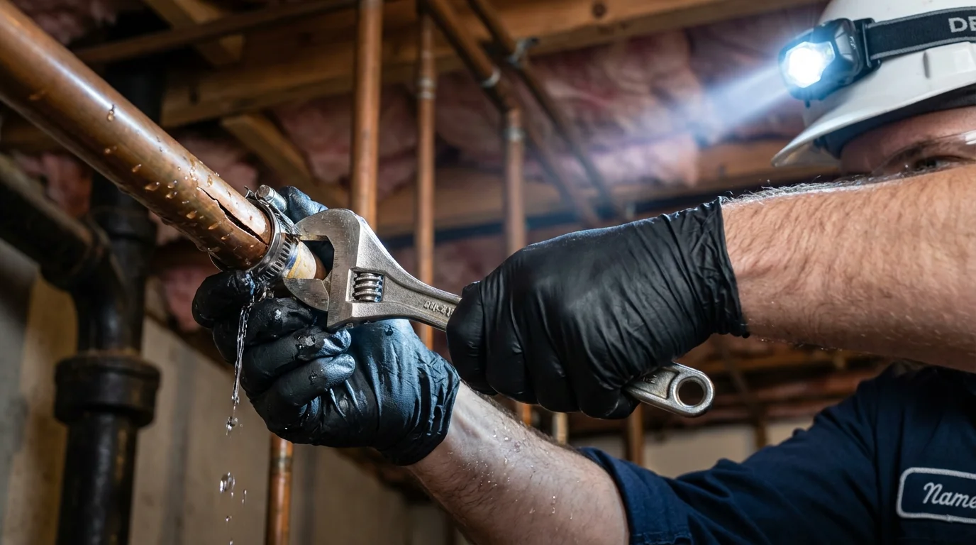 Emergency pipe clamp repair being performed by a Johns Plumbing LLC plumber in Novi