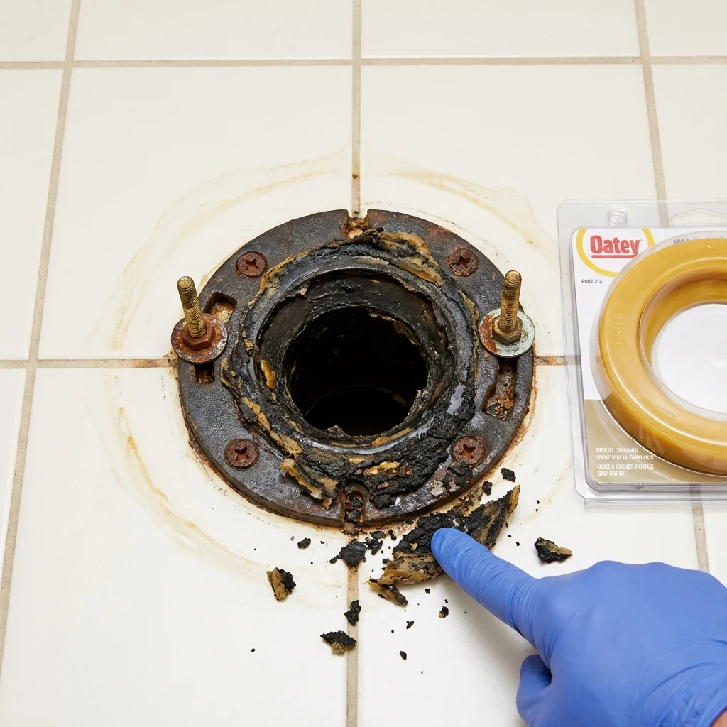 Failed wax ring showing water seepage at the base of a toilet in a Novi, MI home