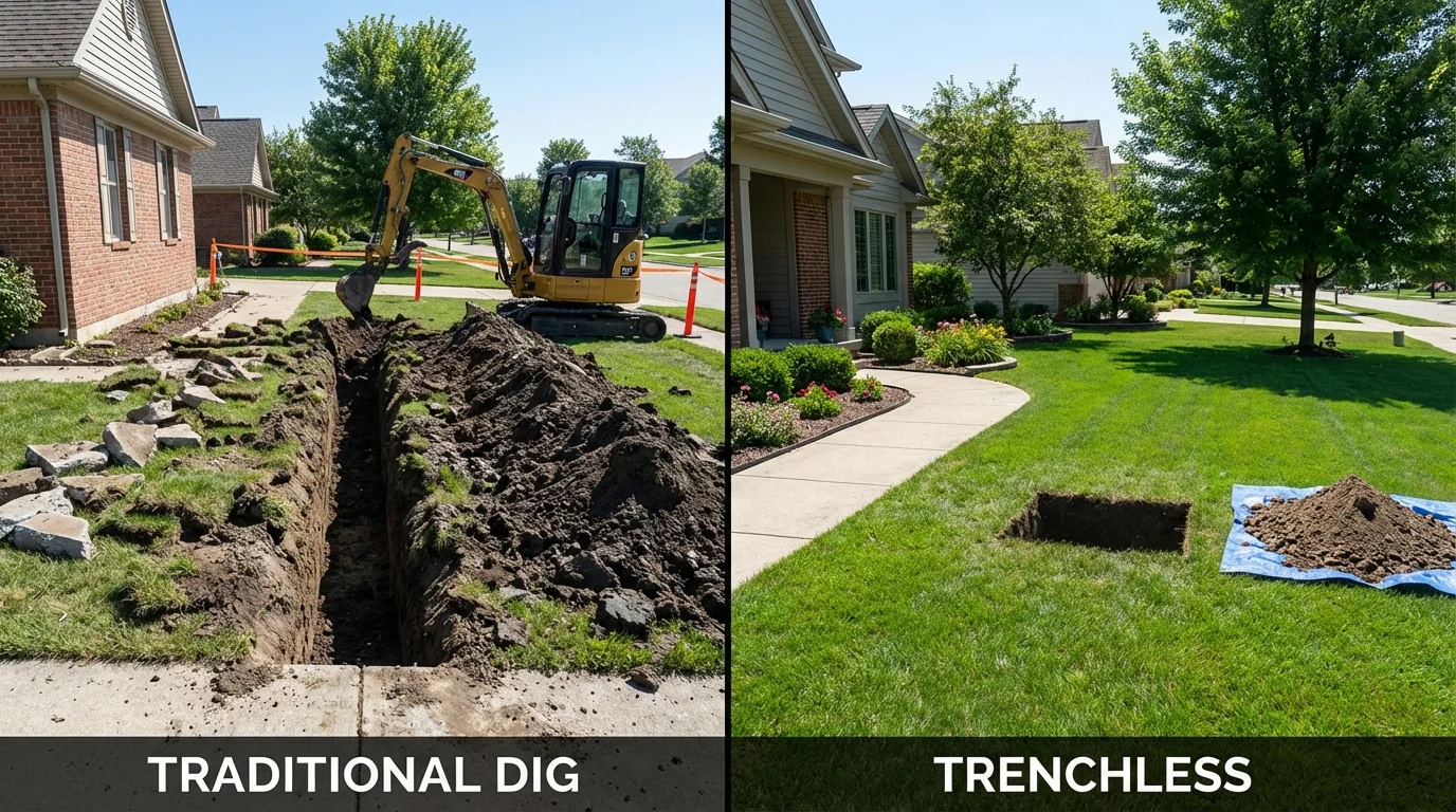 Trenchless sewer repair with minimal yard damage versus traditional excavation in Novi, MI